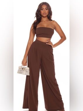 Wide-Leg High-Waist Brown Pants Set